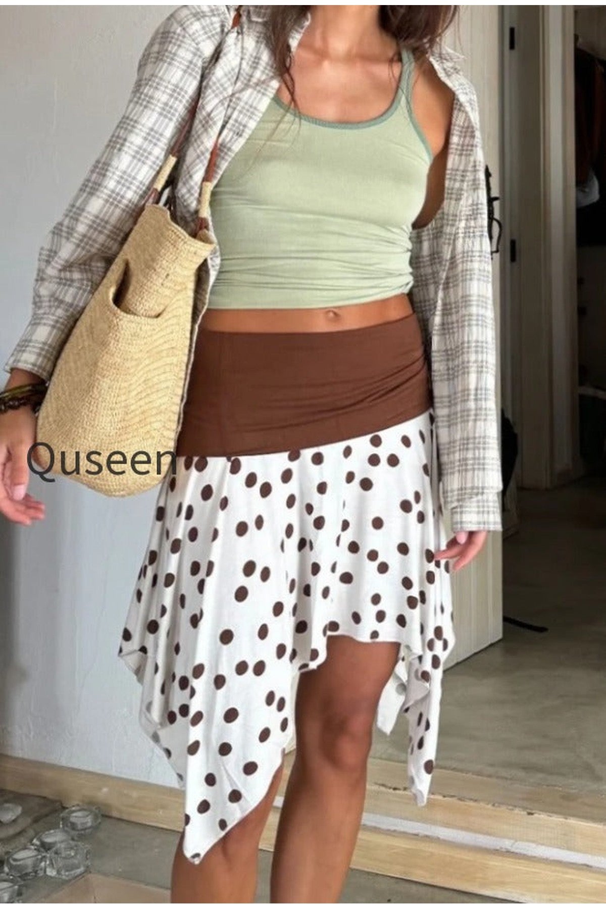 Polka Dot Color Block Sexy Slim Asymmetrical Mini Skirt