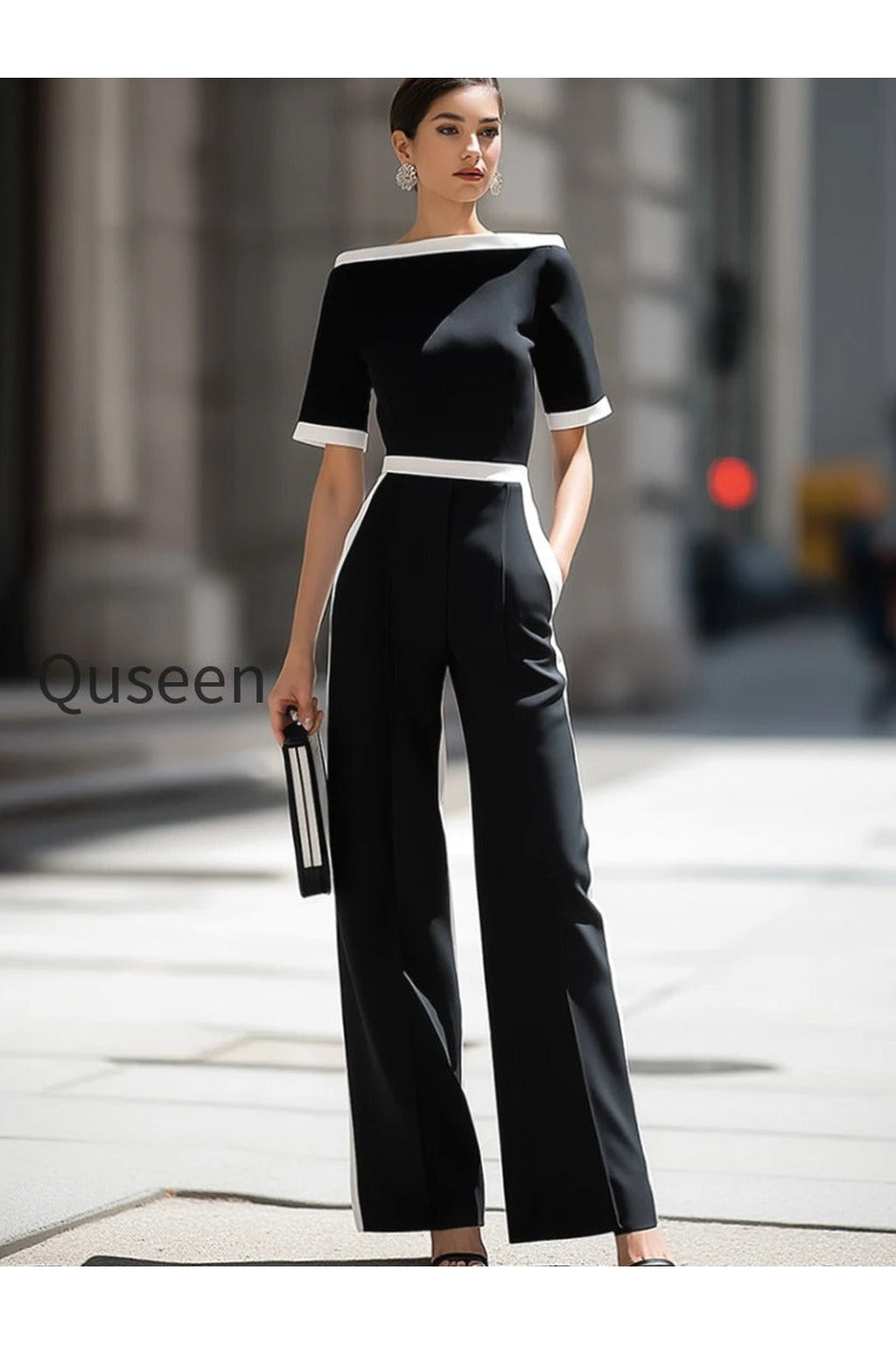 Off-Shoulder Contrast Trim Tailored Wide-Leg Jumpsuit