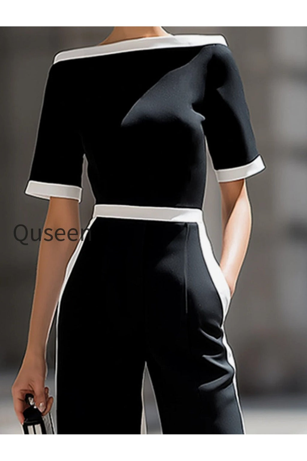 Off-Shoulder Contrast Trim Tailored Wide-Leg Jumpsuit