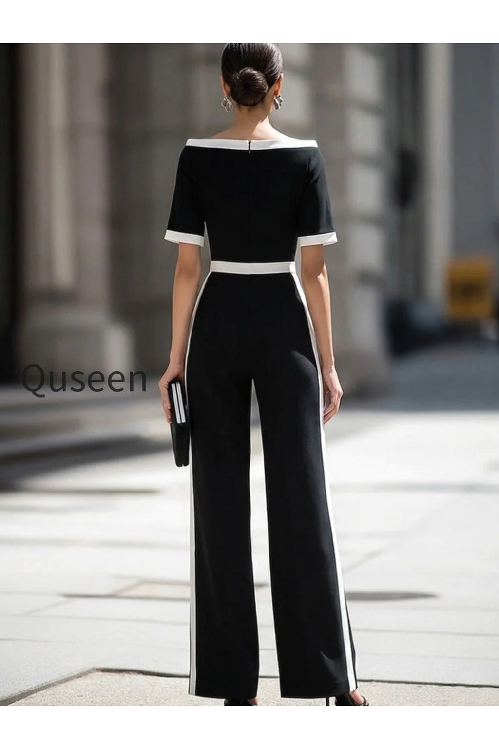 Off-Shoulder Contrast Trim Tailored Wide-Leg Jumpsuit
