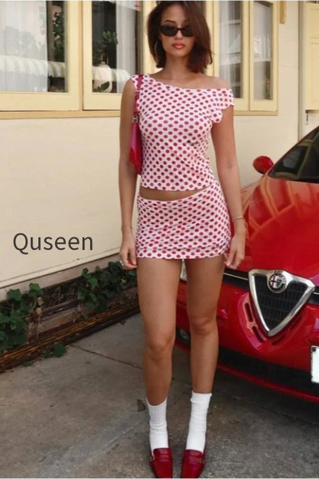 Chic Polka Dot Dolman Sleeve Bodycon Skirt Set
