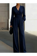 Draped V-Neck Long-Sleeve Wide-Leg Jumpsuit