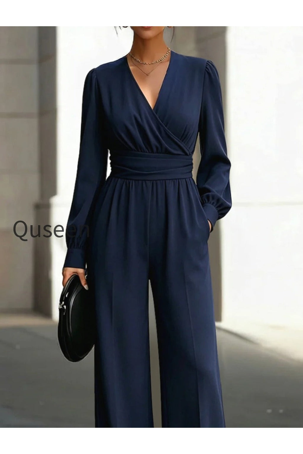 Draped V-Neck Long-Sleeve Wide-Leg Jumpsuit