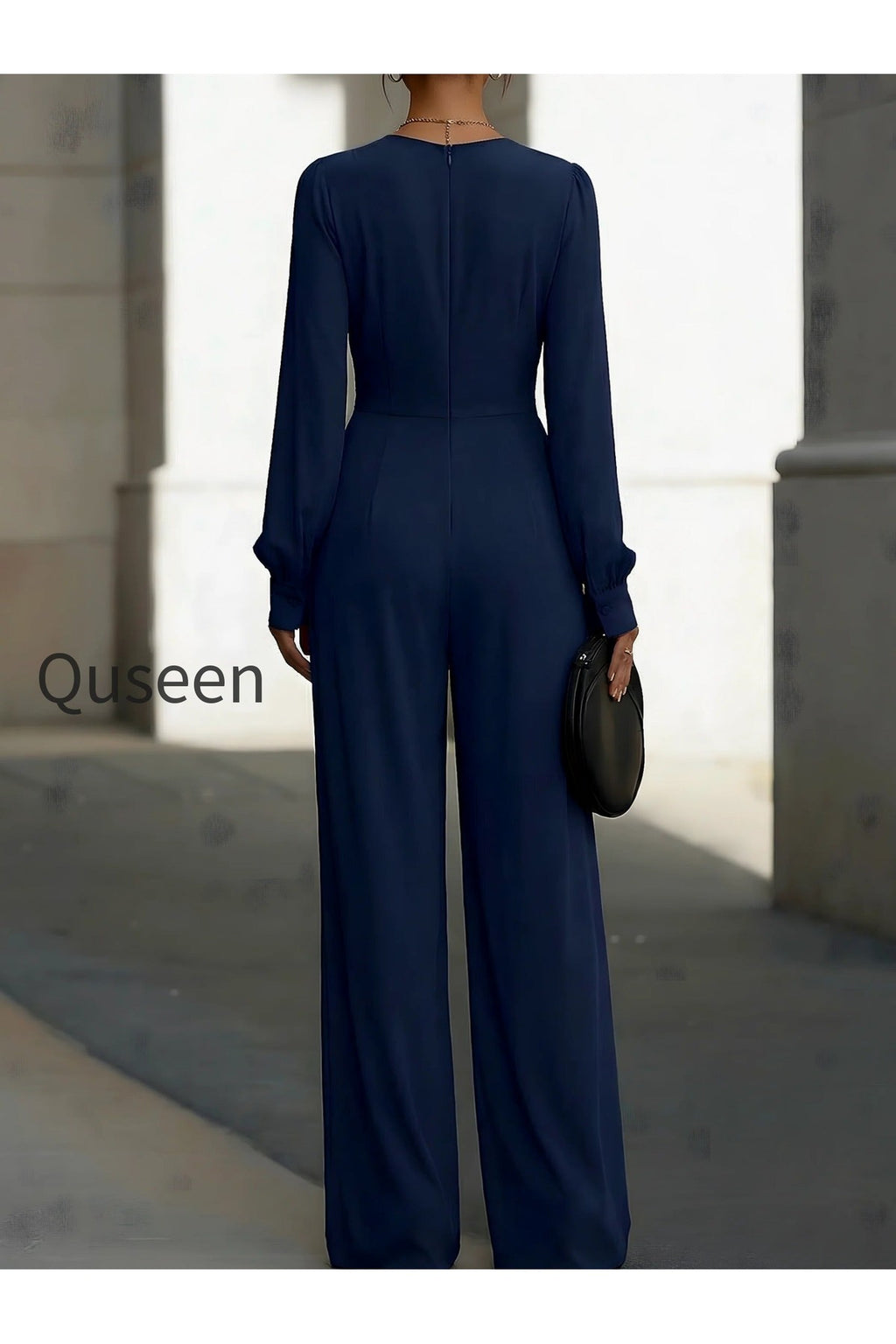Draped V-Neck Long-Sleeve Wide-Leg Jumpsuit