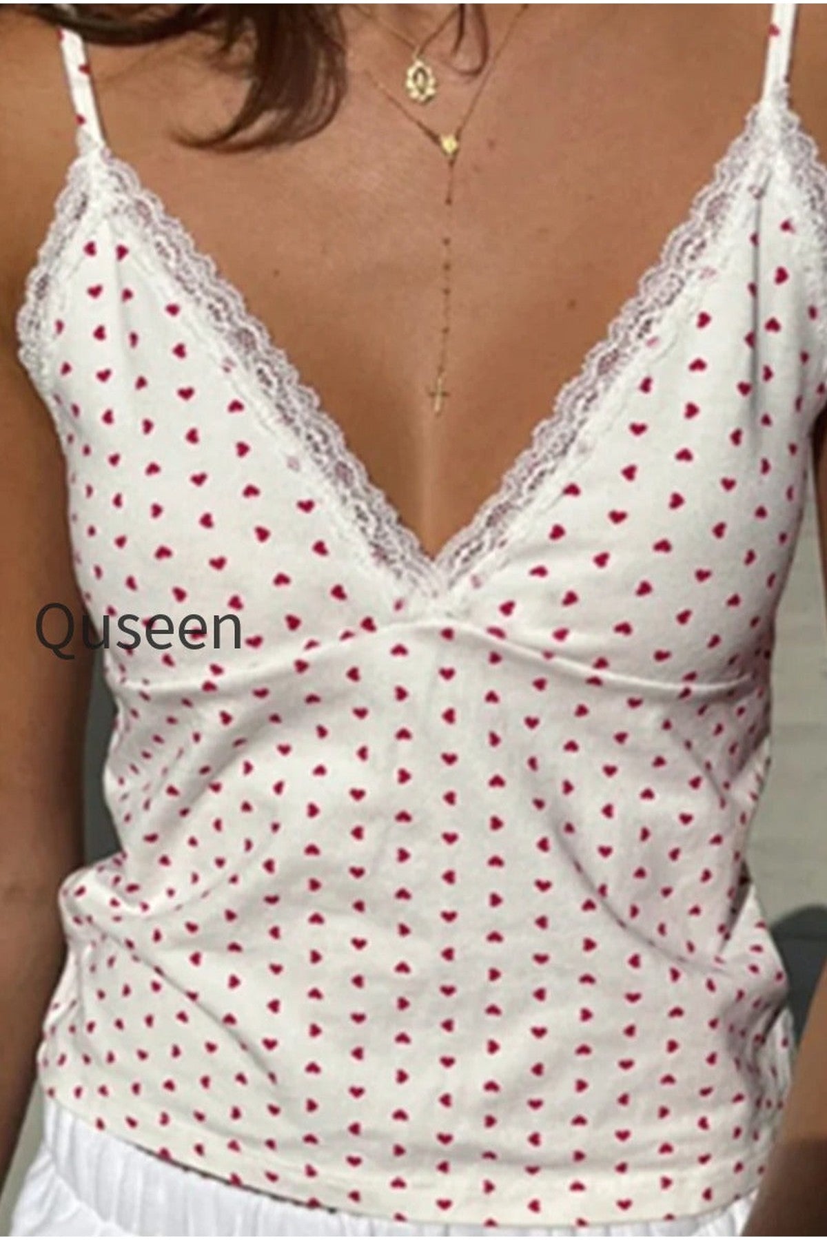 V Neck Heart Polka Dot Cami Top