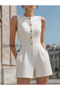 Sleeveless Bouclé Button-Front Tailored Short Jumpsuit
