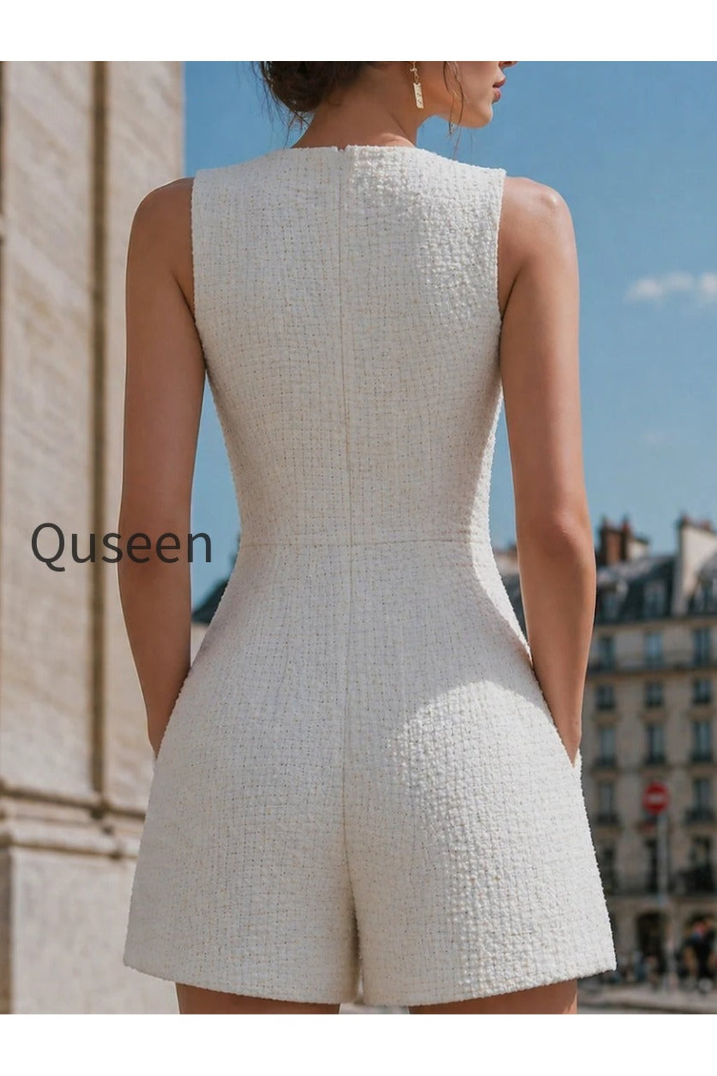 Sleeveless Bouclé Button-Front Tailored Short Jumpsuit