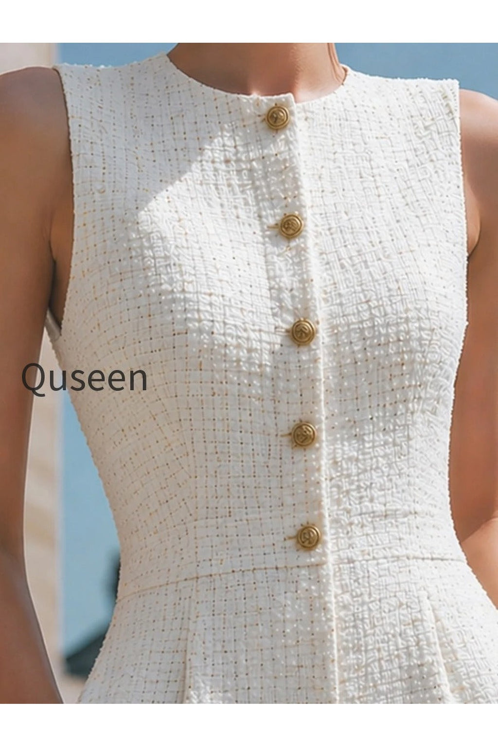 Sleeveless Bouclé Button-Front Tailored Short Jumpsuit