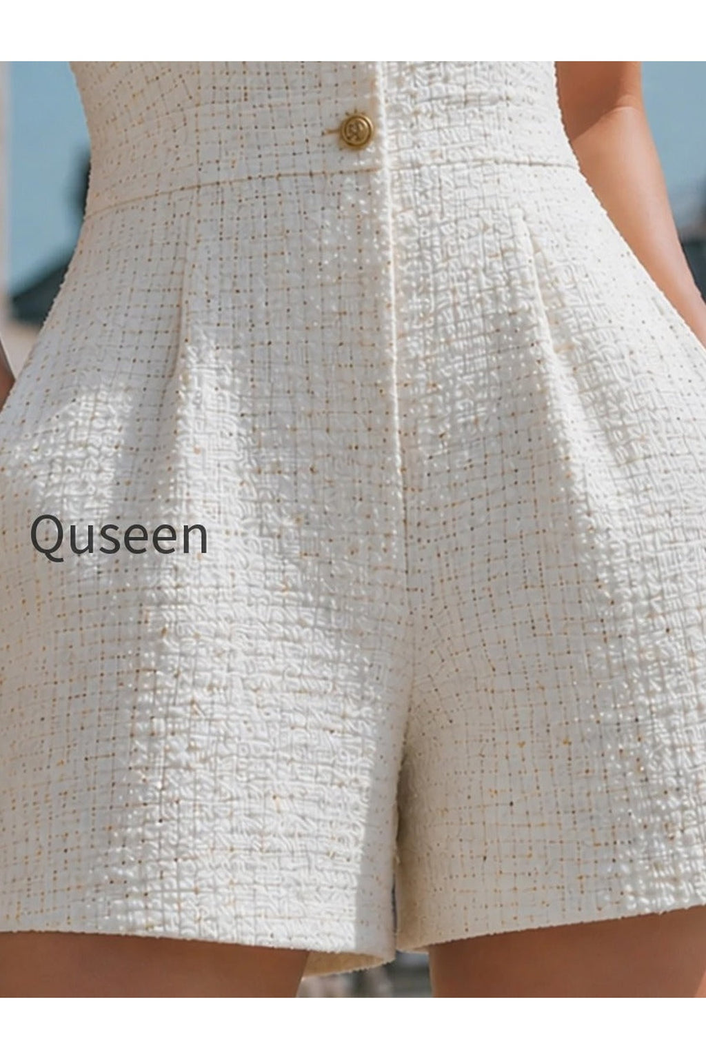 Sleeveless Bouclé Button-Front Tailored Short Jumpsuit