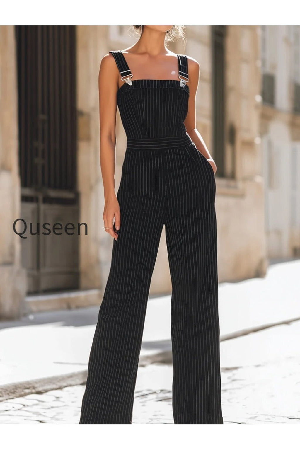 Black Pinstripe Suspender Wide-Leg Jumpsuit