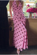 Vintage Polka Dot Halter V-neck Maxi Dress