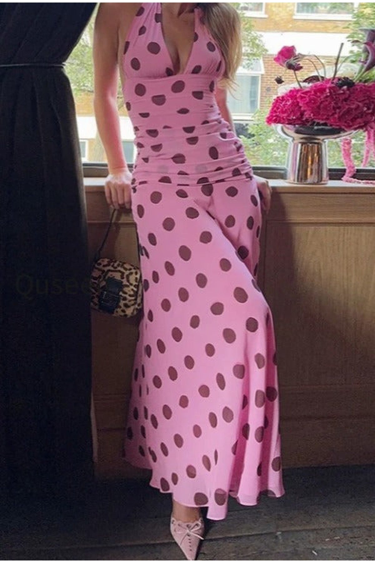 Vintage Polka Dot Halter V-neck Maxi Dress