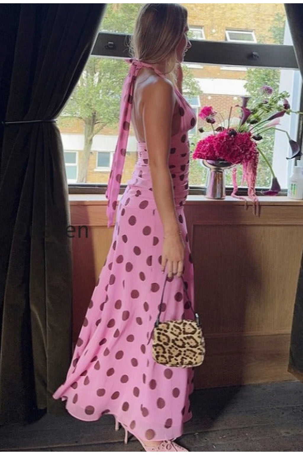 Vintage Polka Dot Halter V-neck Maxi Dress