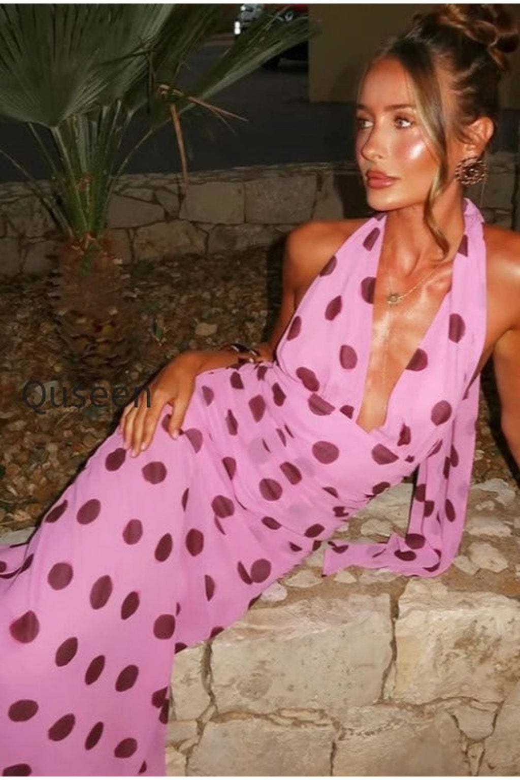 Vintage Polka Dot Halter V-neck Maxi Dress