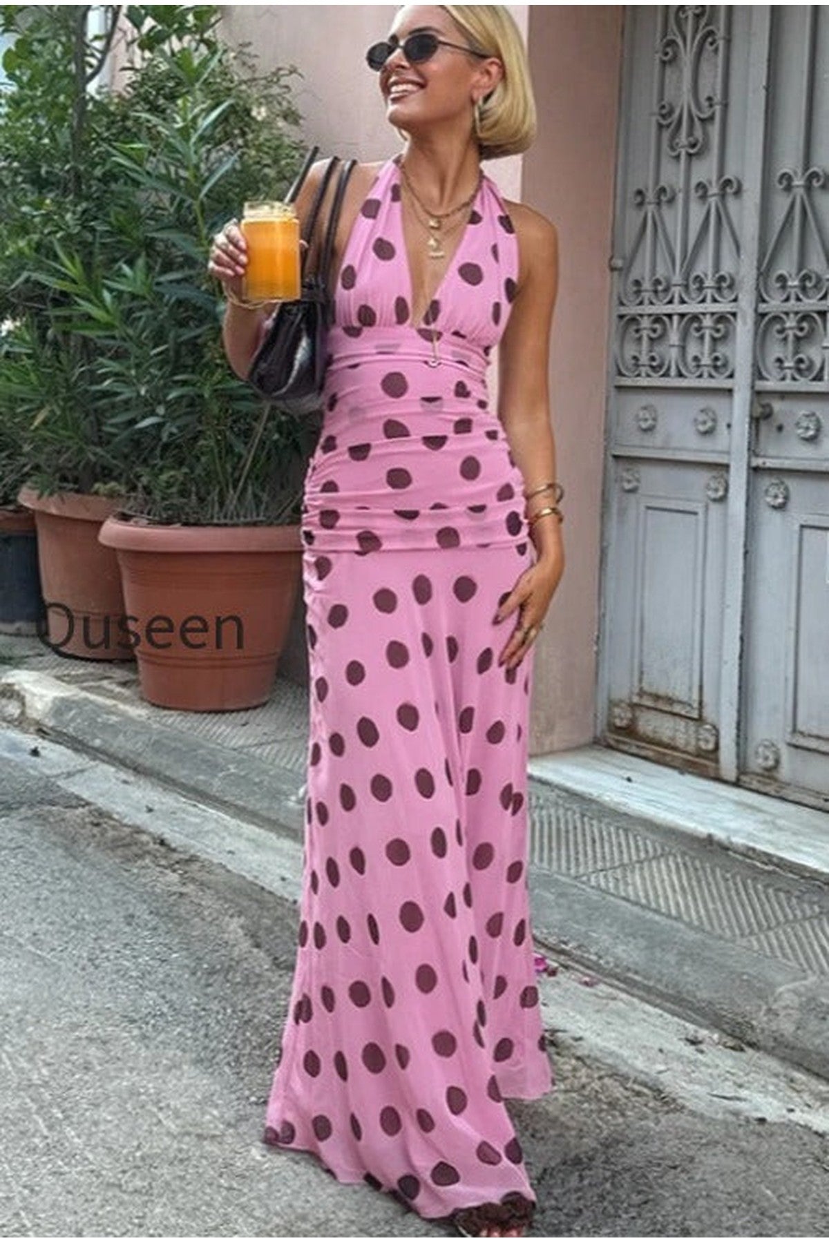 Vintage Polka Dot Halter V-neck Maxi Dress