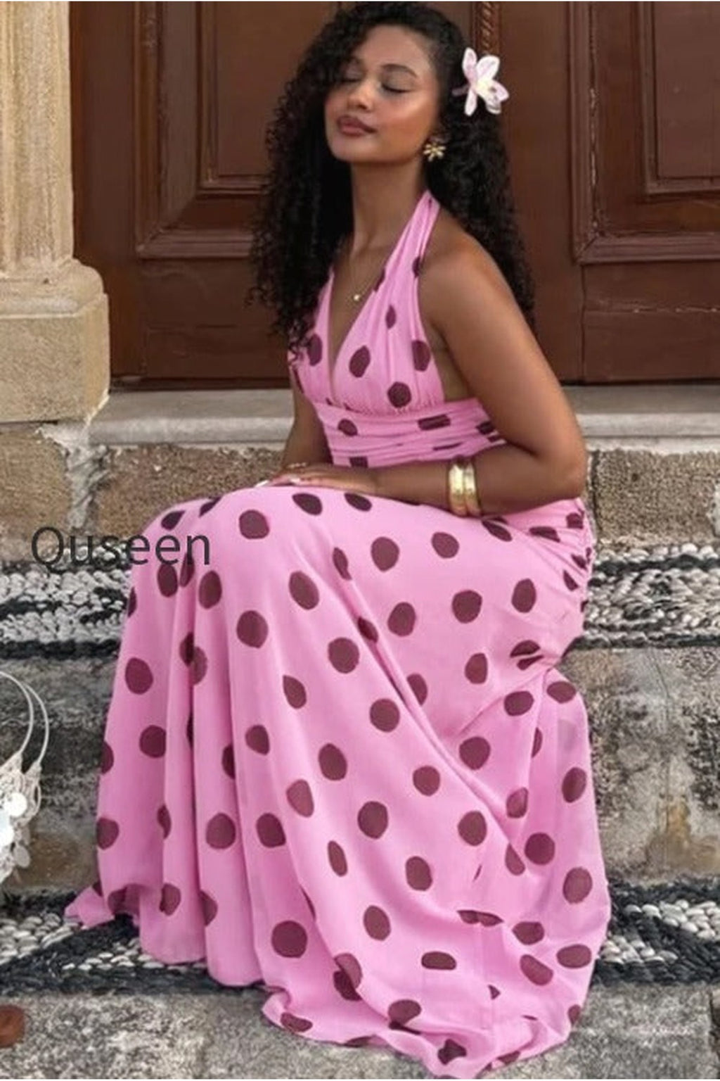 Vintage Polka Dot Halter V-neck Maxi Dress