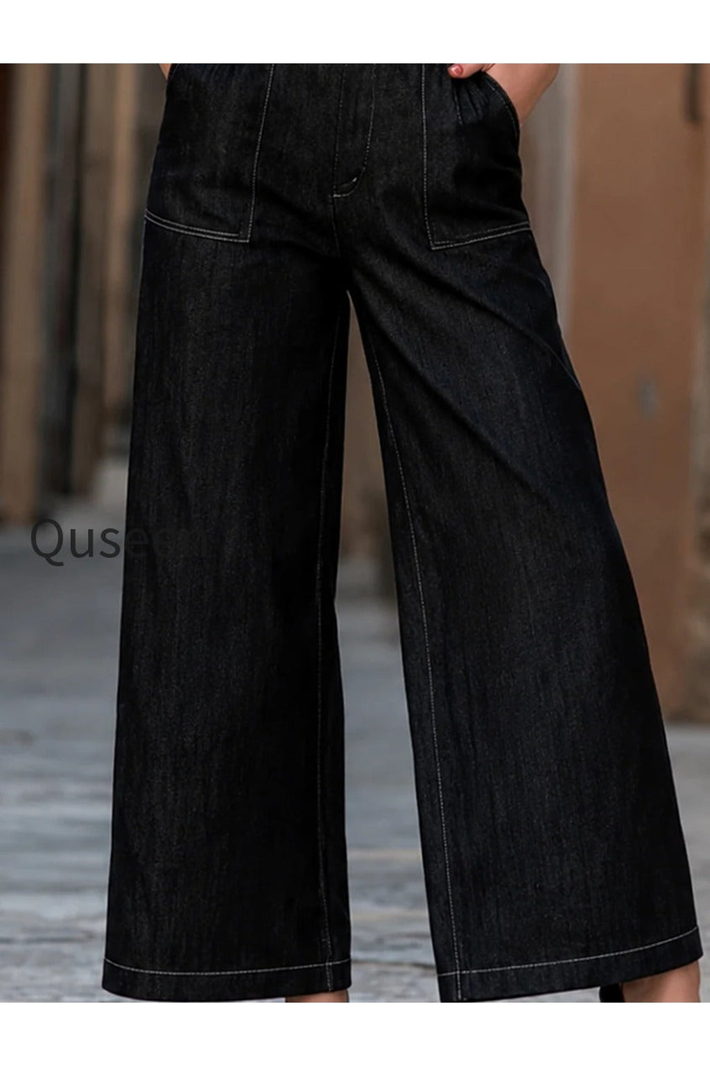 Deep V-Neck Belted Denim Wide-Leg Jumpsuit