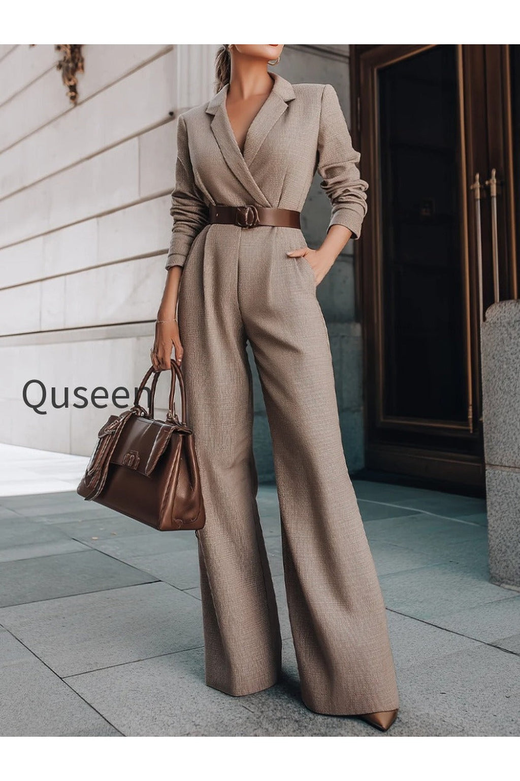 Taupe Belted Blazer Jumpsuit With Wide-Leg Silhouette