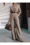 Taupe Belted Blazer Jumpsuit With Wide-Leg Silhouette