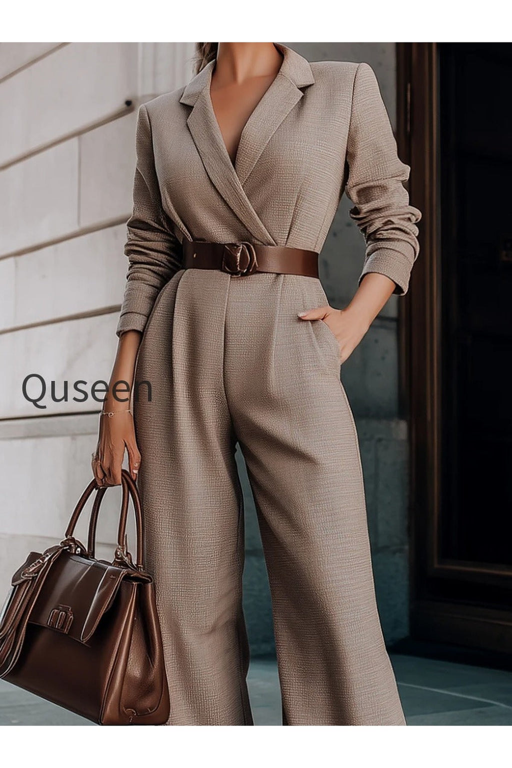 Taupe Belted Blazer Jumpsuit With Wide-Leg Silhouette