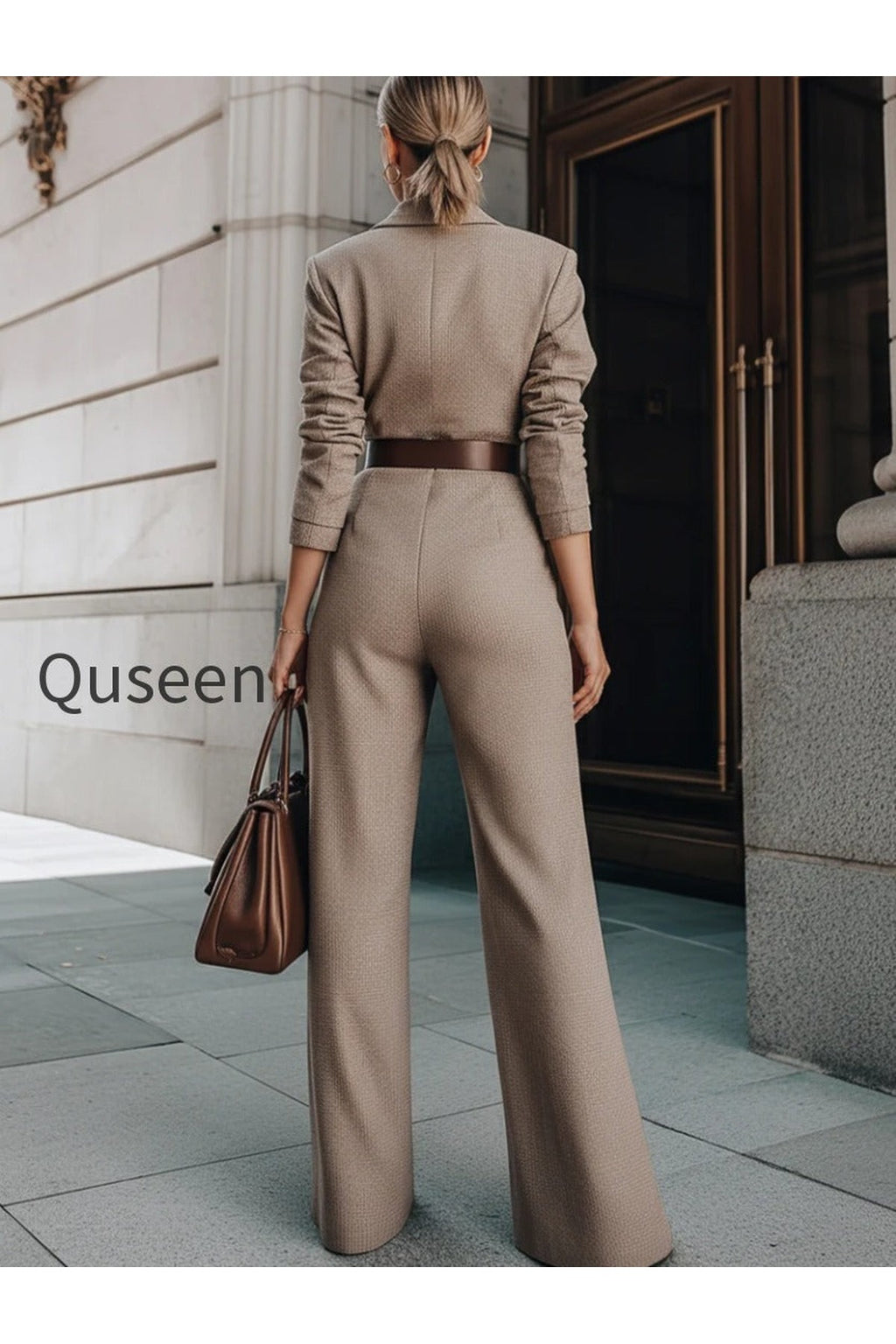 Taupe Belted Blazer Jumpsuit With Wide-Leg Silhouette