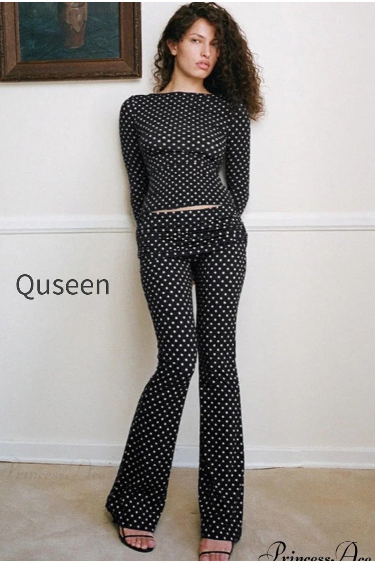 Polka Dot Vintage Off-Shoulder Long Sleeve Flare Two Piece Set