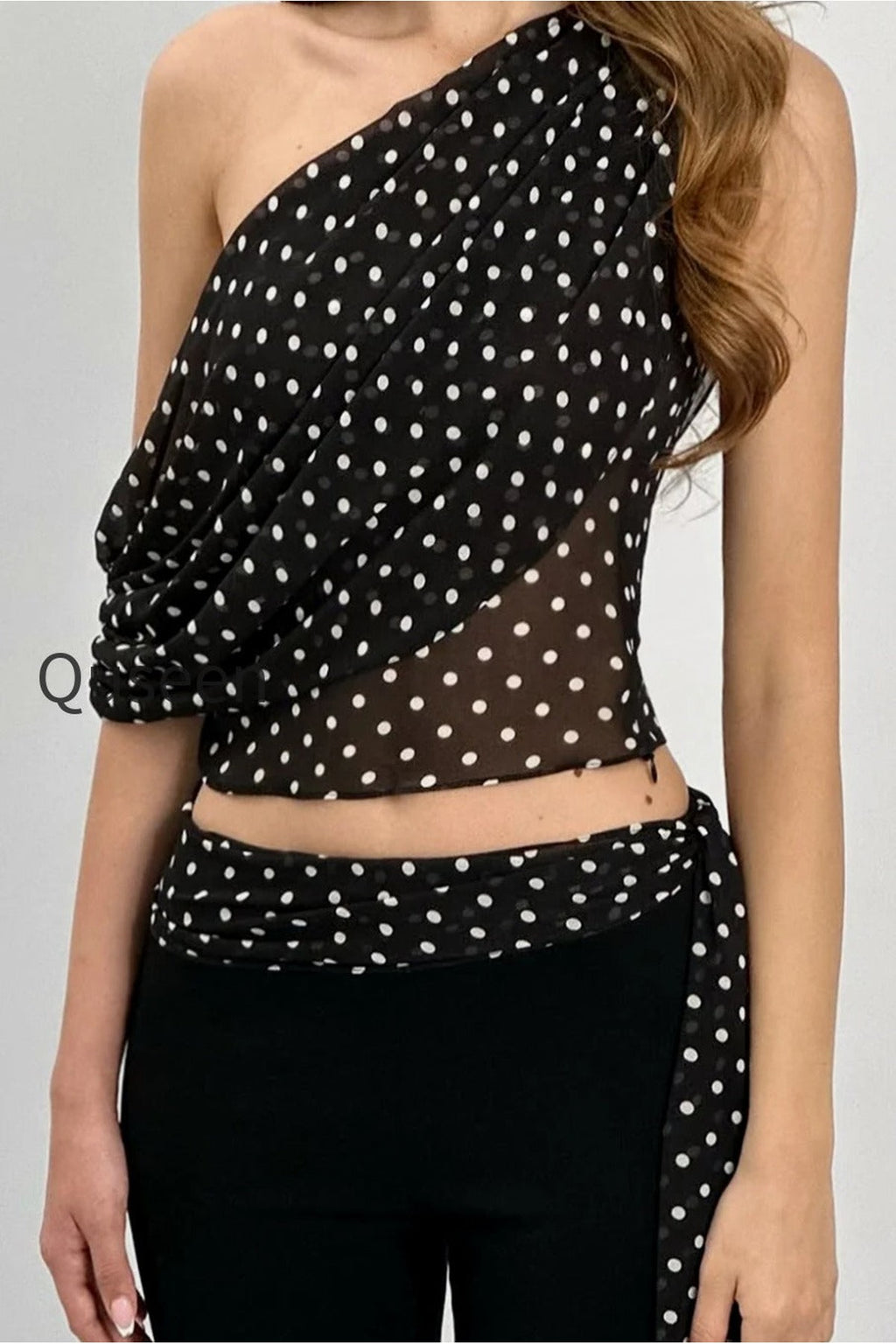 Polka Dot Mesh Asymmetrical Halter Tank Top