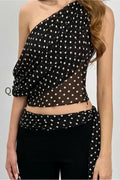 Polka Dot Mesh Asymmetrical Halter Tank Top