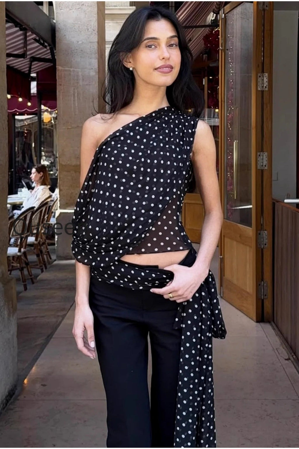 Polka Dot Mesh Asymmetrical Halter Tank Top