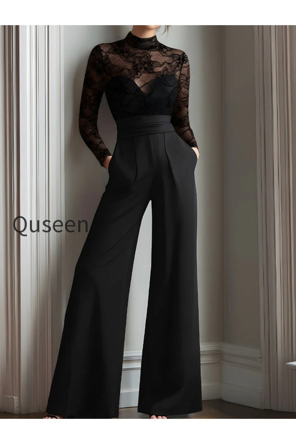 Black Lace Illusion Bodice Wide-Leg Evening Jumpsuit