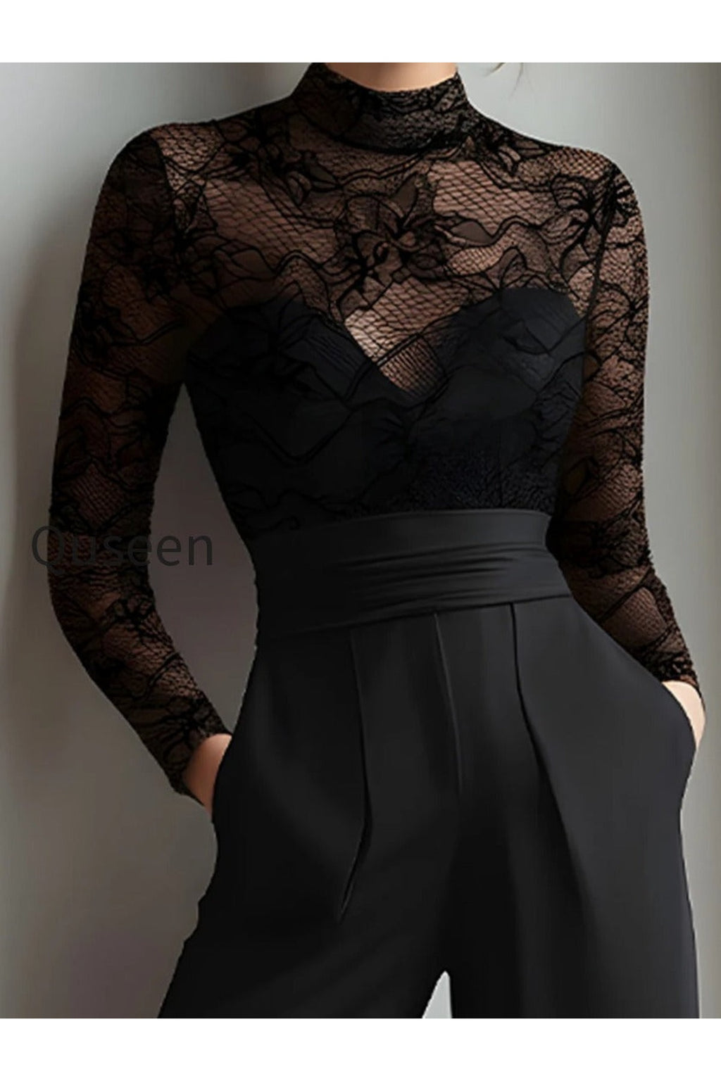 Black Lace Illusion Bodice Wide-Leg Evening Jumpsuit