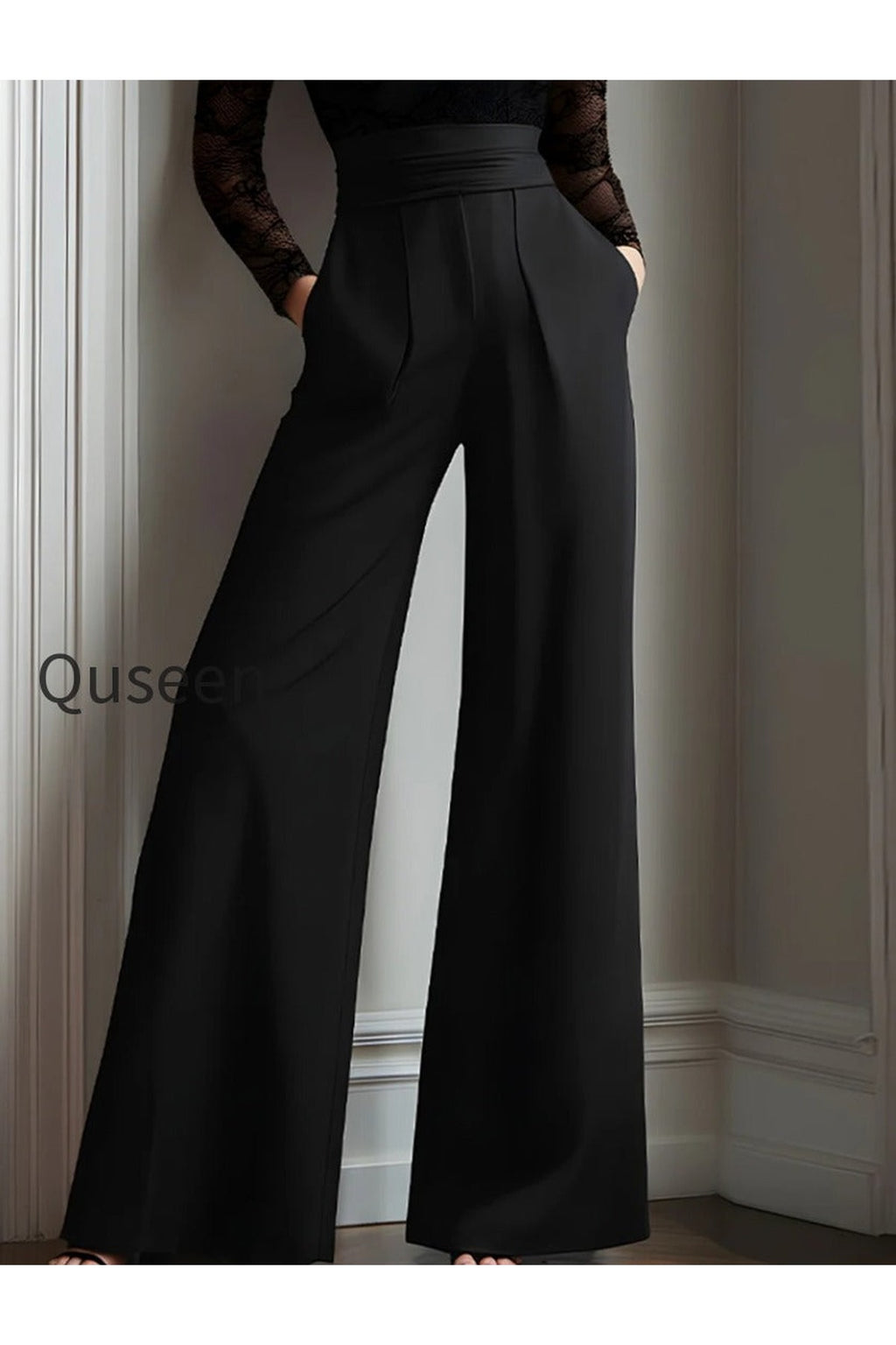 Black Lace Illusion Bodice Wide-Leg Evening Jumpsuit
