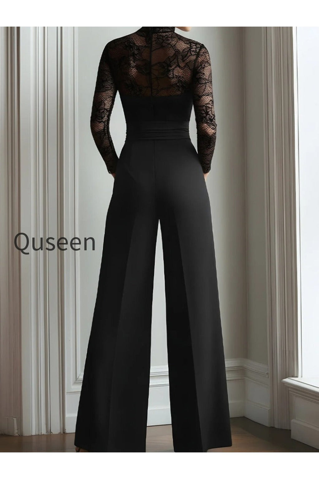 Black Lace Illusion Bodice Wide-Leg Evening Jumpsuit