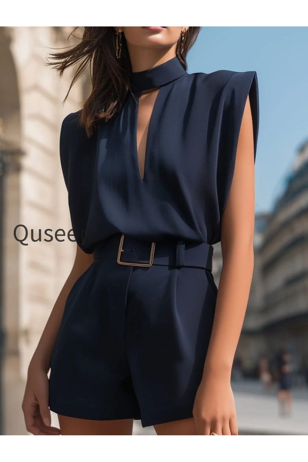 High-Neck Cutout Belted Tailored Romper
