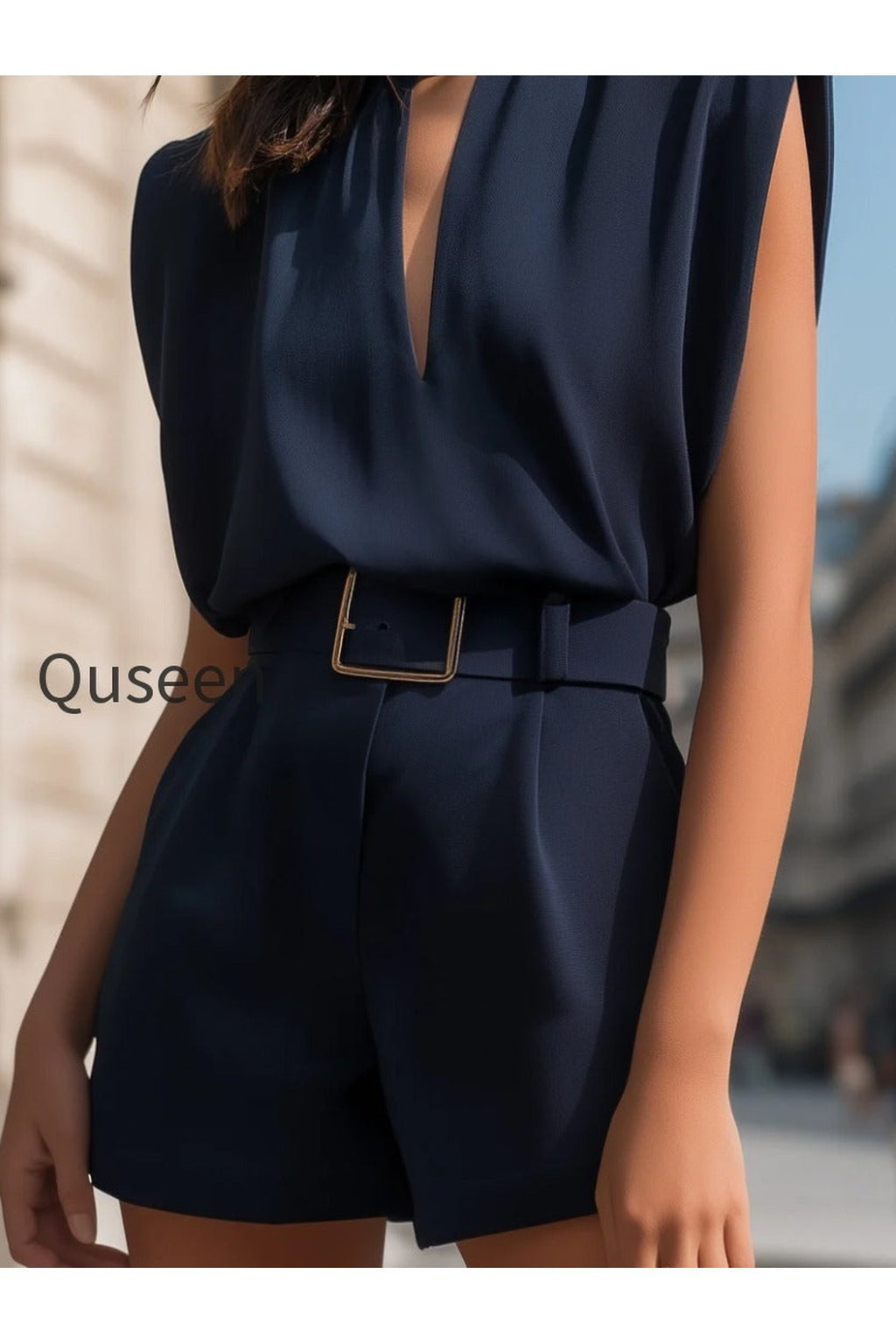 High-Neck Cutout Belted Tailored Romper