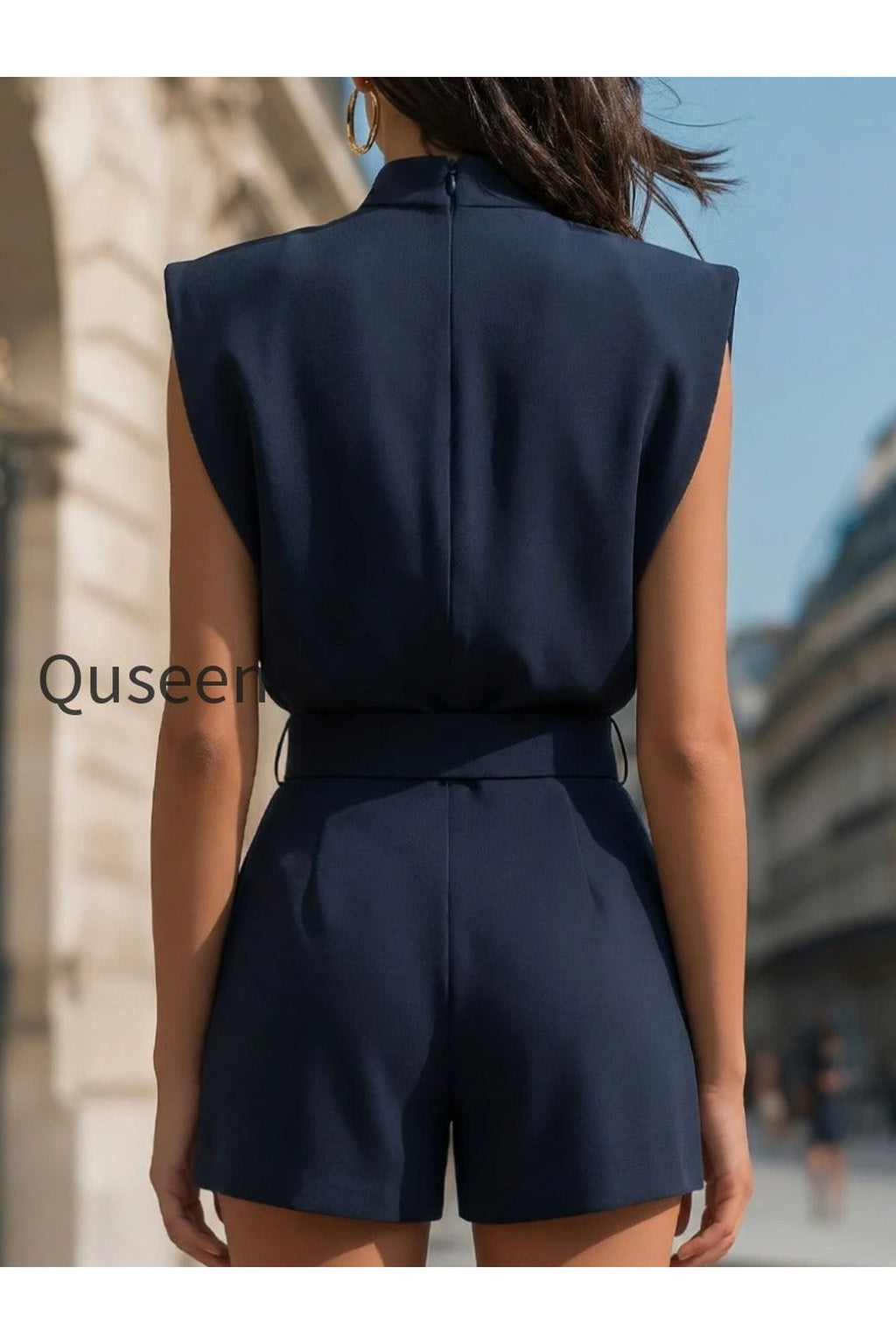 High-Neck Cutout Belted Tailored Romper