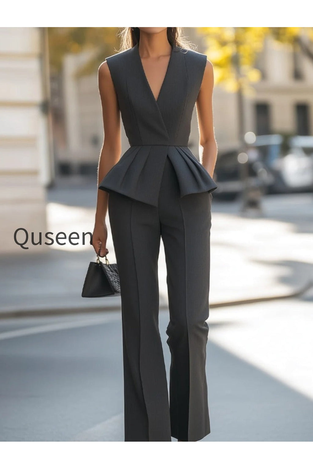 Sophisticated Sleeveless Peplum Jumpsuit In Charcoal Gray