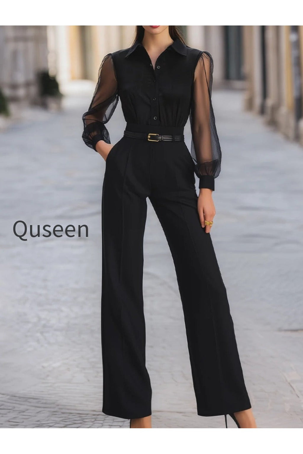 Button-front Sheer-Sleeve Tailored Wide-Leg Jumpsuit