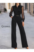 Button-front Sheer-Sleeve Tailored Wide-Leg Jumpsuit