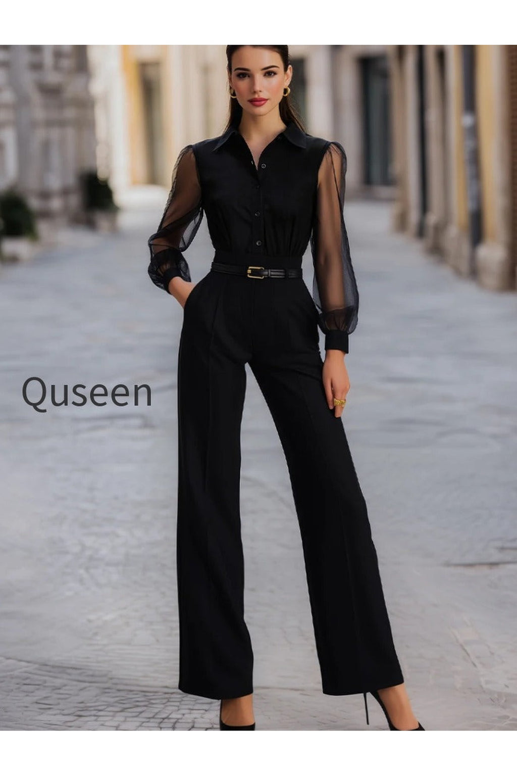 Button-front Sheer-Sleeve Tailored Wide-Leg Jumpsuit