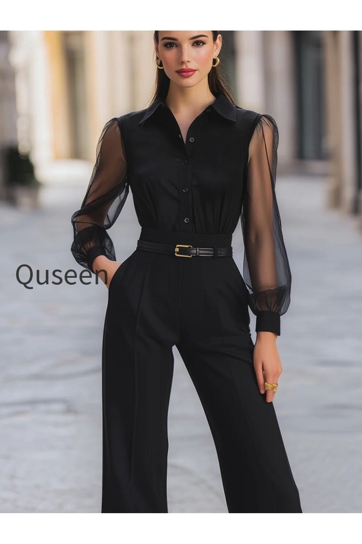 Button-front Sheer-Sleeve Tailored Wide-Leg Jumpsuit