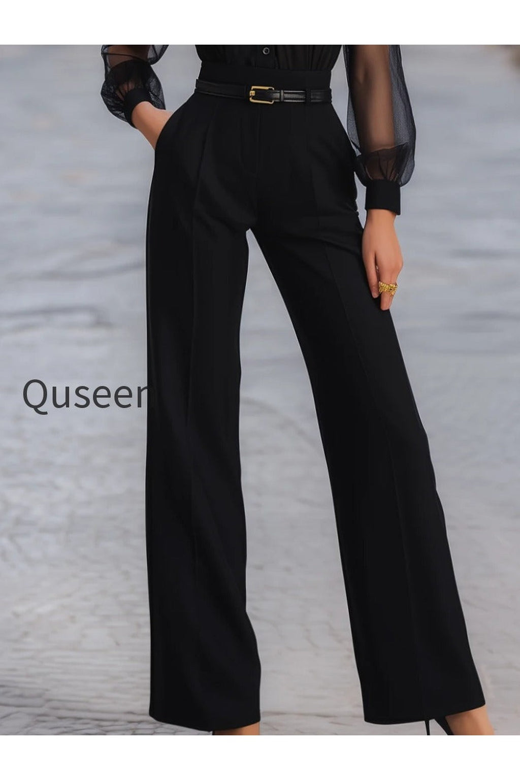 Button-front Sheer-Sleeve Tailored Wide-Leg Jumpsuit