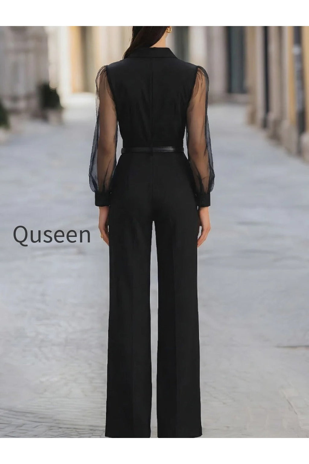 Button-front Sheer-Sleeve Tailored Wide-Leg Jumpsuit