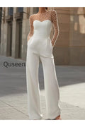 Pearl-Embellished Sheer Bodice White Jumpsuit