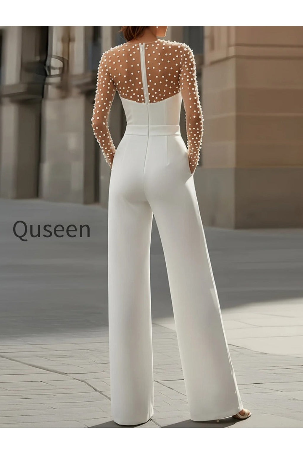 Pearl-Embellished Sheer Bodice White Jumpsuit