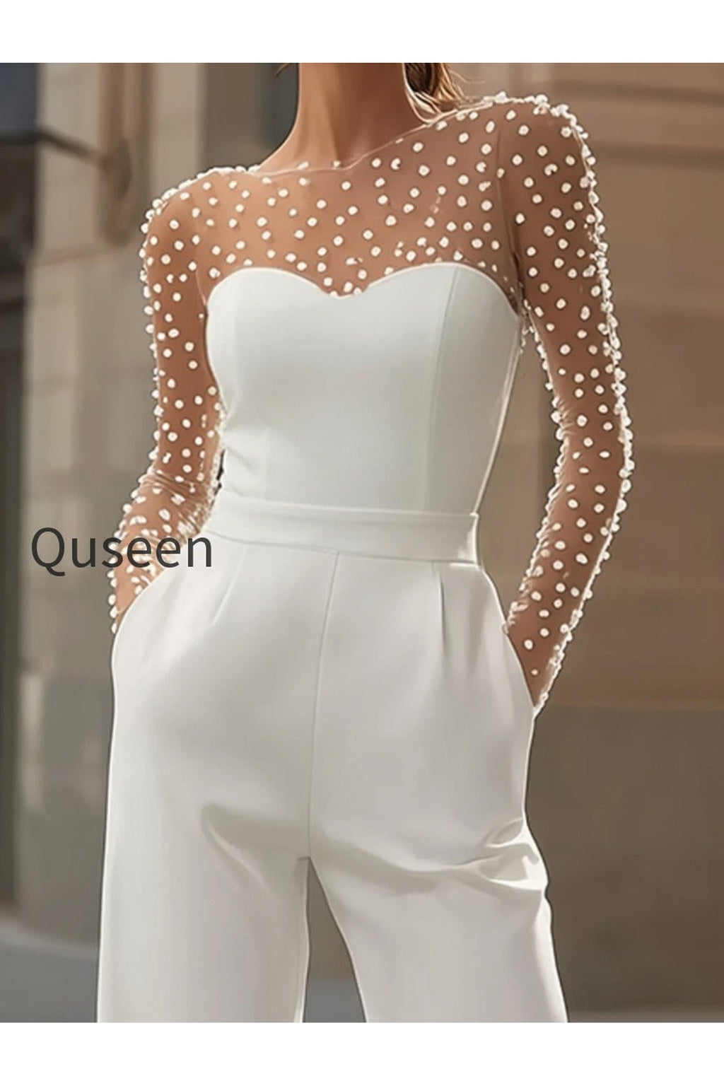 Pearl-Embellished Sheer Bodice White Jumpsuit