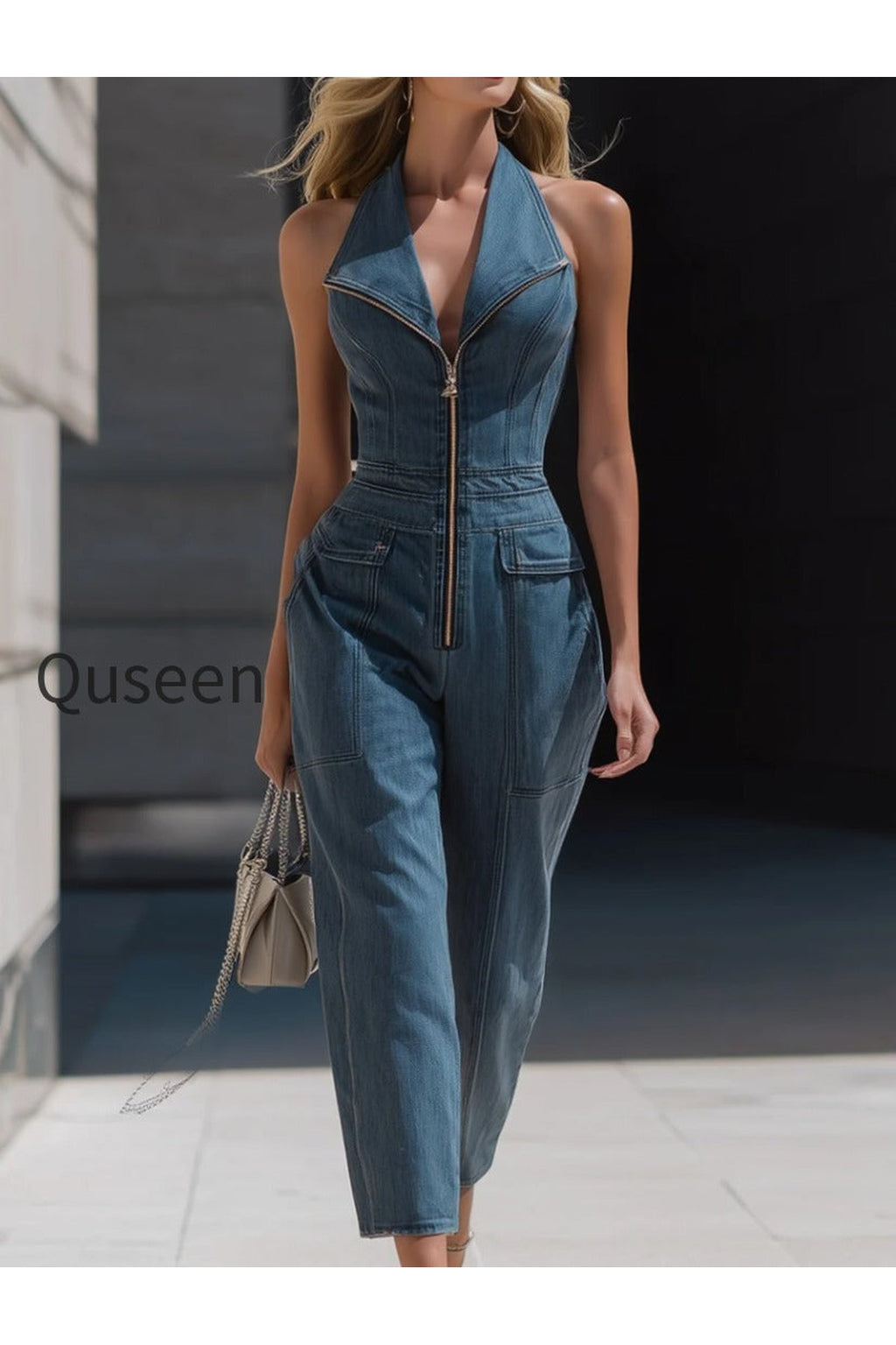 Denim Halter Neck Zip-Front Cropped-Leg Jumpsuit