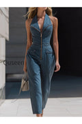Denim Halter Neck Zip-Front Cropped-Leg Jumpsuit
