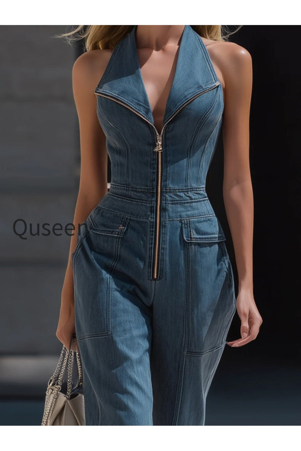 Denim Halter Neck Zip-Front Cropped-Leg Jumpsuit