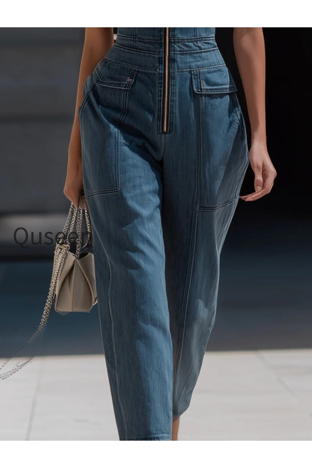 Denim Halter Neck Zip-Front Cropped-Leg Jumpsuit